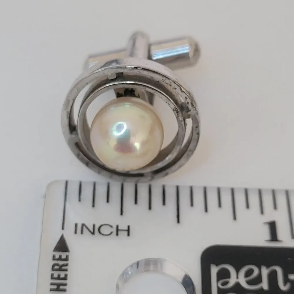 Grandea Sterling Silver Cufflinks with Geniue Acoya Pearl Silver Tone Round Retr